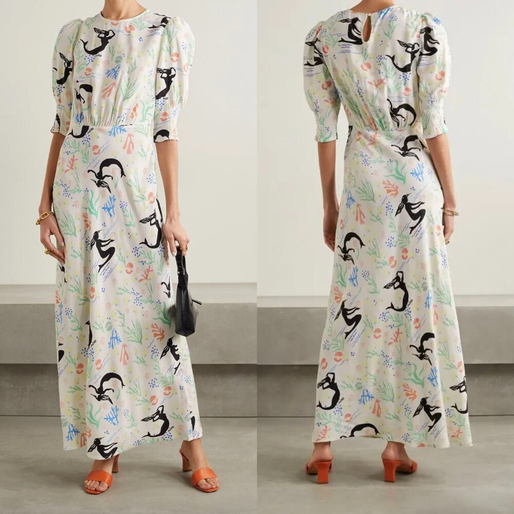 RIXO Cream Maxi Dress with Black Mermaid Print and Pastel Coral & Blue Accents